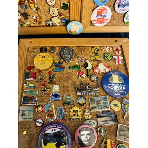 426 - Three cork boards containing a large quantity of pin badges and magnets of various location for UK a... 