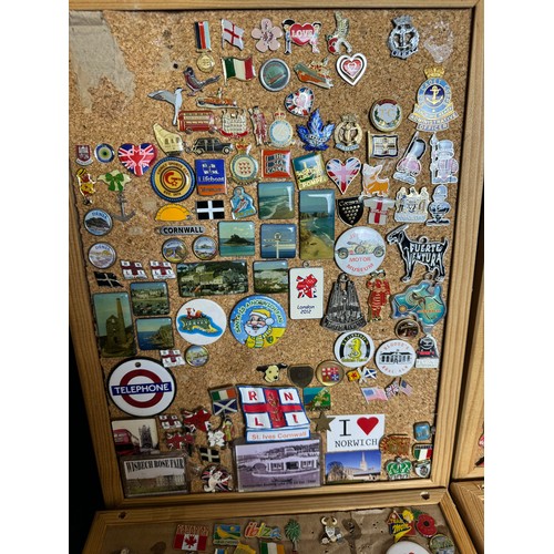 428 - Four cork boards containing a large quantity of pin badges and magnets of various location for UK an... 