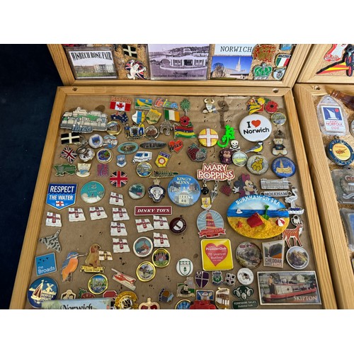 428 - Four cork boards containing a large quantity of pin badges and magnets of various location for UK an... 