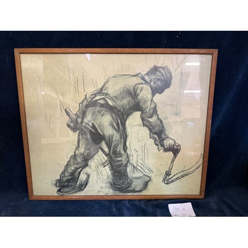 90A - A framed print of Vincent Van Gogh black crayon drawing 'Reaping Peasant'.