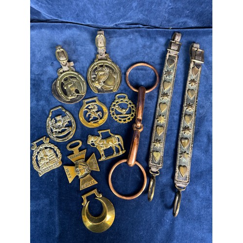 385 - A collection of antique horse brasses and leather straps, together with a copper horse bit.