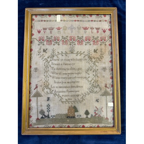 50 - A framed tapestry Sampler dated 1806 - with quote 'Attend ye young who happy live' by Frances age 9.