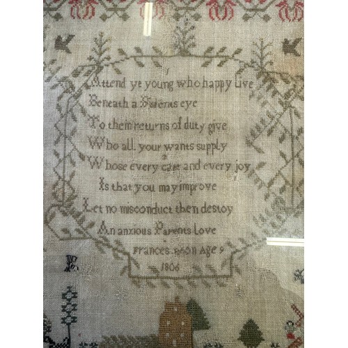 50 - A framed tapestry Sampler dated 1806 - with quote 'Attend ye young who happy live' by Frances age 9.