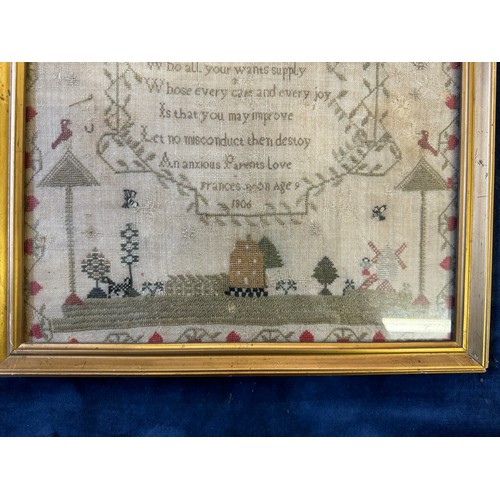 50 - A framed tapestry Sampler dated 1806 - with quote 'Attend ye young who happy live' by Frances age 9.