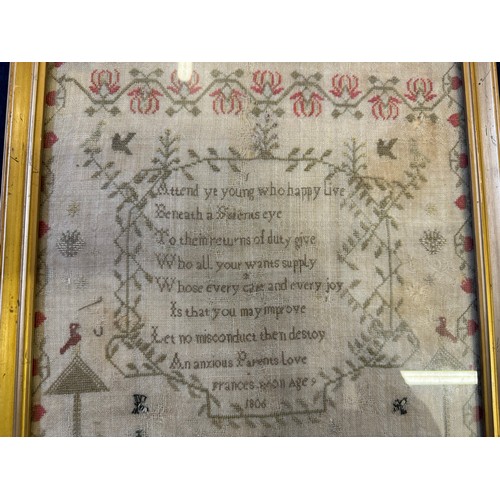 50 - A framed tapestry Sampler dated 1806 - with quote 'Attend ye young who happy live' by Frances age 9.