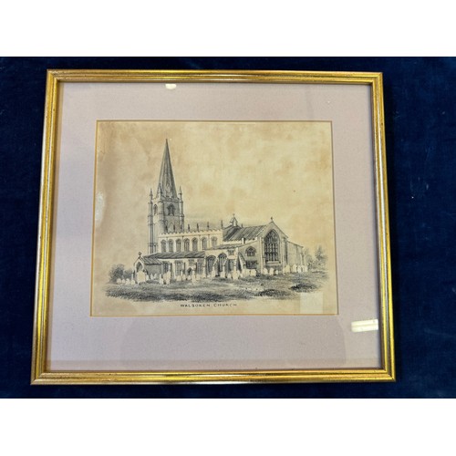 57 - A framed black and white print depicting 'Walsoken Church'.