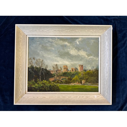 44 - A framed oil on board, artist unknown, depicting Warwick Castle.