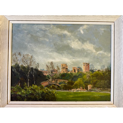 44 - A framed oil on board, artist unknown, depicting Warwick Castle.