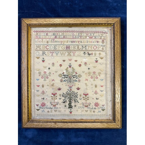 59 - A framed antique tapestry Sampler by Mary Savadge, born in 1771, work undertaken 1783.