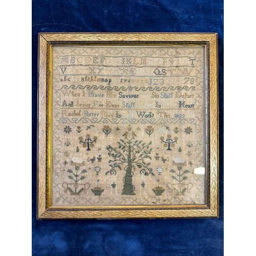 60 - A framed antique tapestry Sampler by Rachel Porter born in 1808 and produced this piece in 1822.