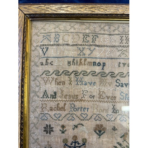 60 - A framed antique tapestry Sampler by Rachel Porter born in 1808 and produced this piece in 1822.