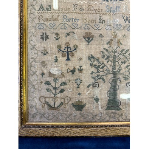 60 - A framed antique tapestry Sampler by Rachel Porter born in 1808 and produced this piece in 1822.