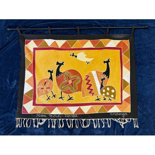 76 - A painted panel depicting exotic birds entitled 'Tribal Textiles, Zambia' by N. Mchenga.