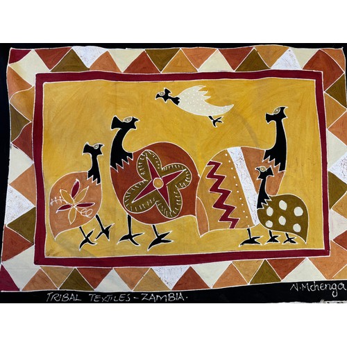 76 - A painted panel depicting exotic birds entitled 'Tribal Textiles, Zambia' by N. Mchenga.