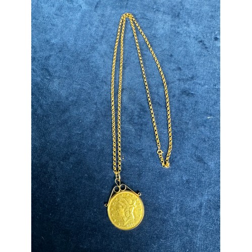 198 - A 9ct ladies long gold necklace, weighing approximately 14.3g, with 1877 gold 20 Dollar coin, in unh... 