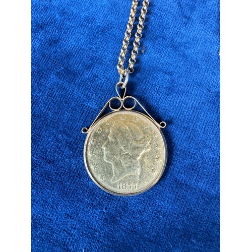 198 - A 9ct ladies long gold necklace, weighing approximately 14.3g, with 1877 gold 20 Dollar coin, in unh... 