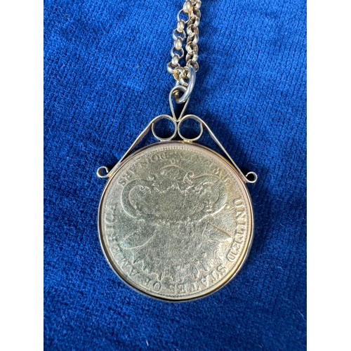 198 - A 9ct ladies long gold necklace, weighing approximately 14.3g, with 1877 gold 20 Dollar coin, in unh... 