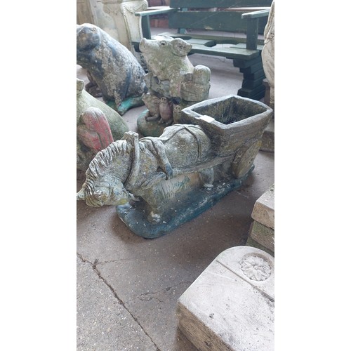 28 - CONCRETE GARDEN ORNAMENT - HORSE PULLING A CART  (60CM) HEIGHT