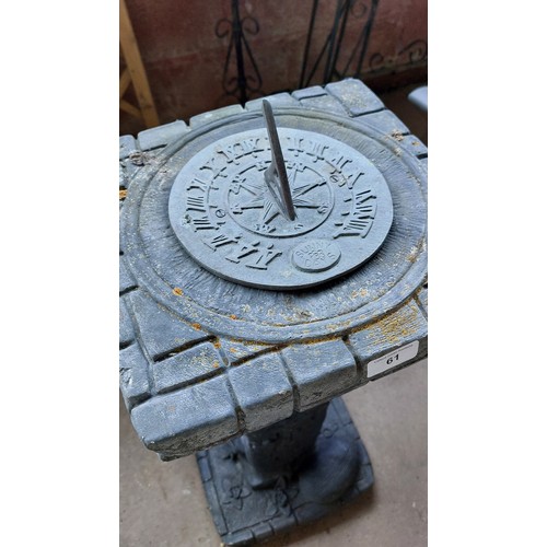 61 - CONCRETE SUN DIAL WITH A HEDGEHOG AND MOUSE ON BASE - (73CM) HEIGHT