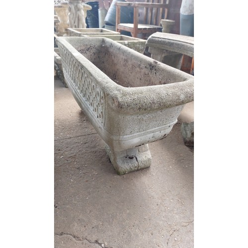 136 - CONCRETE TROUGH PLANTER ON FEET (90CM) LONG, (46CM) HEIGHT, (33CM) WIDE