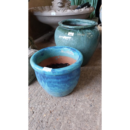 448 - 2 GREEN GLAZED POTS