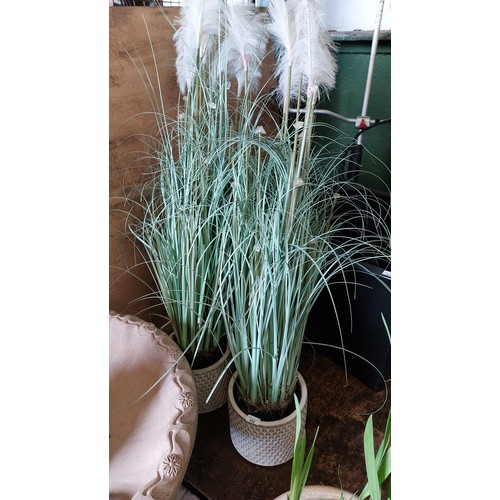 452 - PAIR OF WHITE GLAZED POTS WITH ARTIFICIAL PAMPAS GRASS