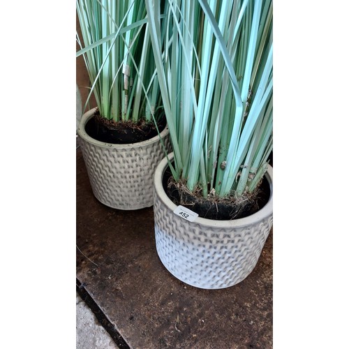 452 - PAIR OF WHITE GLAZED POTS WITH ARTIFICIAL PAMPAS GRASS