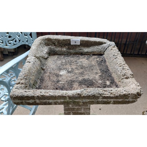 9 - CONCRETE BIRD BATH WITH BRICK DESIGN BASE - HEIGHT 67CM