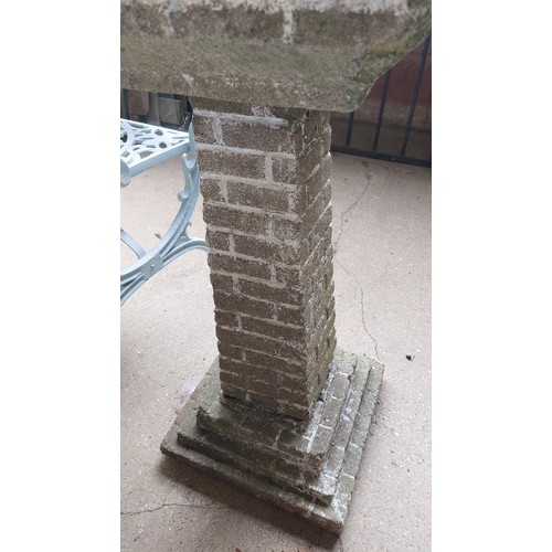 9 - CONCRETE BIRD BATH WITH BRICK DESIGN BASE - HEIGHT 67CM