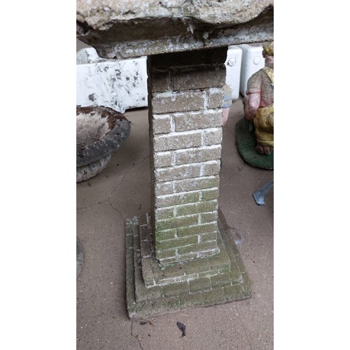 9 - CONCRETE BIRD BATH WITH BRICK DESIGN BASE - HEIGHT 67CM