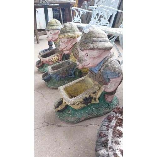 10 - 3 CONCRETE GARDEN ORNAMENTS - PIG WITH WHEELBARROW