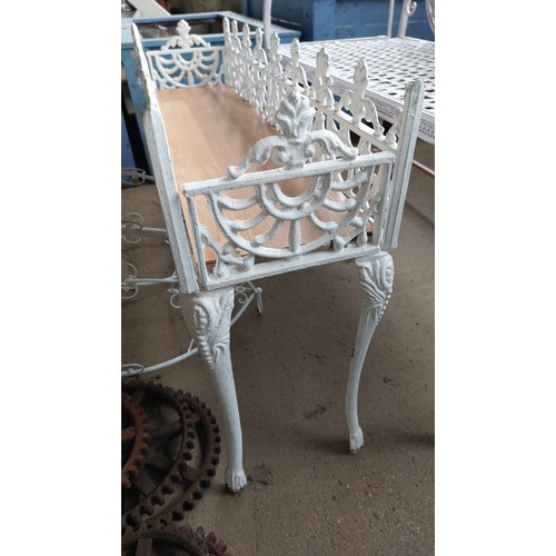 37 - WHITE CAST ALUMINIUM PLANT STAND ON 4 LEGS. HEIGHT 55CM, LENGTH 87CM, WIDTH 24CM