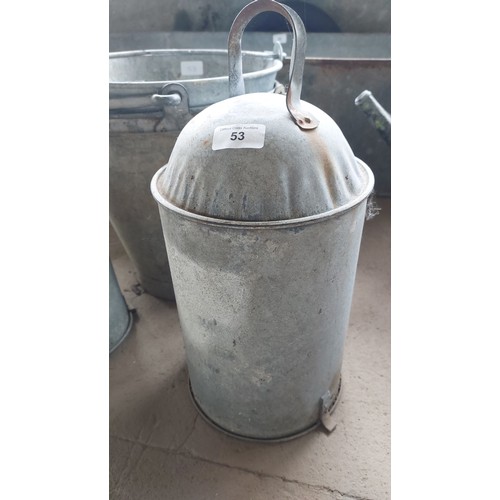 53 - 3 OLD BUCKETS AND 2 GALVANISED FEEDER TOPS