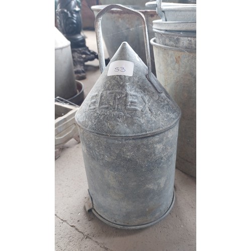 53 - 3 OLD BUCKETS AND 2 GALVANISED FEEDER TOPS