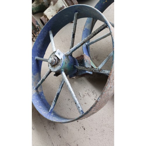 65 - PAIR OF BLUE AND SILVER CHICKEN HUT CAST IRON WHEELS