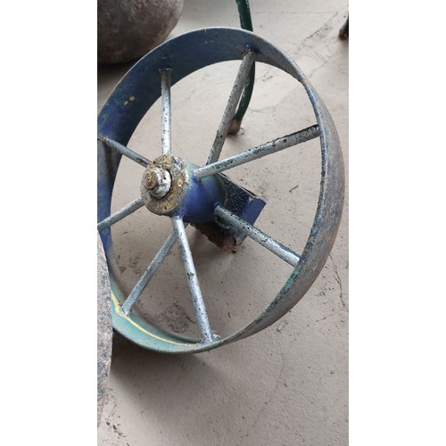 65 - PAIR OF BLUE AND SILVER CHICKEN HUT CAST IRON WHEELS