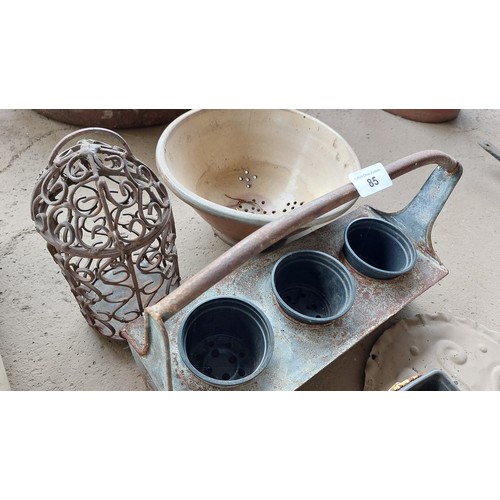 85 - 2 PLANT HOLDERS, COAT HOOKS, A BRASS WALL PLATE AND A CLAY SIEVE