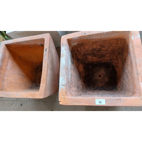 98 - PAIR OF TERRACOTTA SQUARE PLANT POTS WITH FLORAL DESIGN