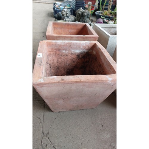 98 - PAIR OF TERRACOTTA SQUARE PLANT POTS WITH FLORAL DESIGN