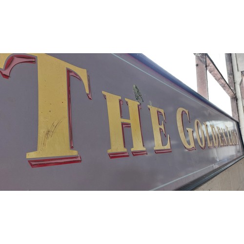 112 - GOLDEN LION PUB SIGN. HEIGHT 60CM, LENGTH 158CM