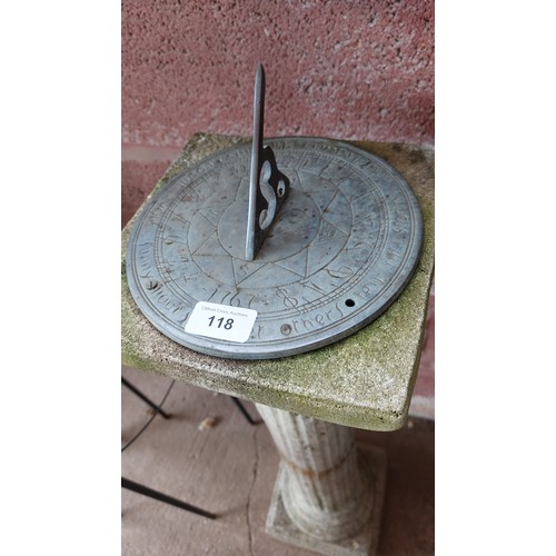 118 - METAL SUNDIAL ON A CONCRETE STAND. HEIGHT 82CM