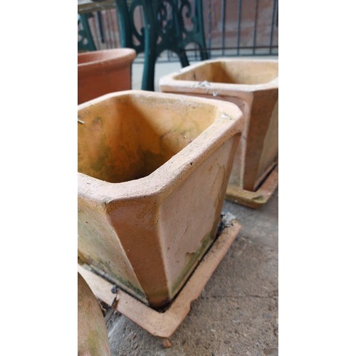 147 - PAIR OF SQUARE TERRACOTTA POTS WITH SAUCERS