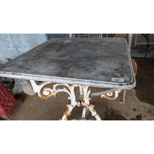 221 - CAST IRON TABLE BASE WITH A MARBLE TOP. HEIGHT 28CM, LENGTH 60CM, WIDTH 60CM