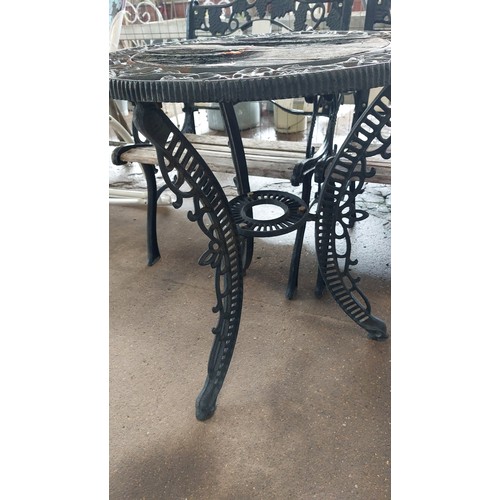 266 - BLACK CAST METAL WITH GRAPE DESIGN GARDEN TABLE AND 2 ARMCHAIRS