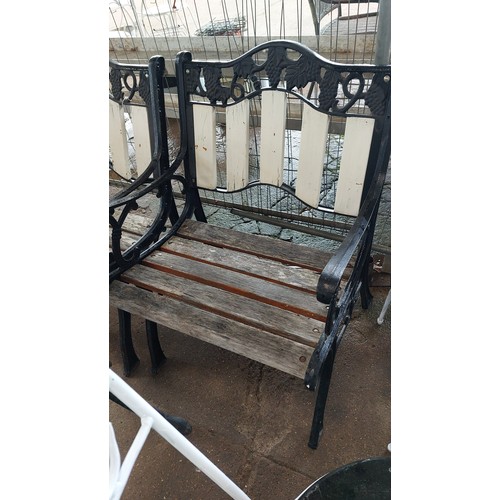 266 - BLACK CAST METAL WITH GRAPE DESIGN GARDEN TABLE AND 2 ARMCHAIRS