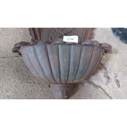 276 - A CAST IRON  WATER FEATURE (FOR WALL MOUNTING) WITH BRASS TAP AND BACK SPLASH WITH HORSE HEAD RELIEF... 