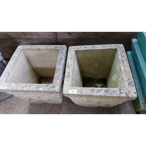 306 - 2 SQUARE CONCRETE PLANTERS, BRICK DESIGN - HEIGHT 33CM