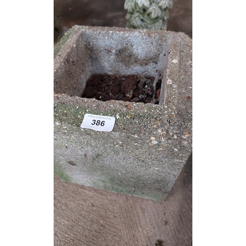 386 - CONCRETE SQUARE PLANTER - HIEGHT 28CM, WIDTH 23CM