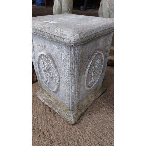 388 - CONCRETE SQUARE PLINTH, HEIGHT 29CM, WIDTH 22CM