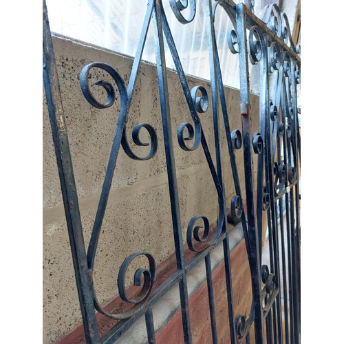 11 - PAIR OF WROUGHT IRON GATES 86.50CM X 172CM AND 174CM X 172CM TOGETHER WITH A METAL GATE POST